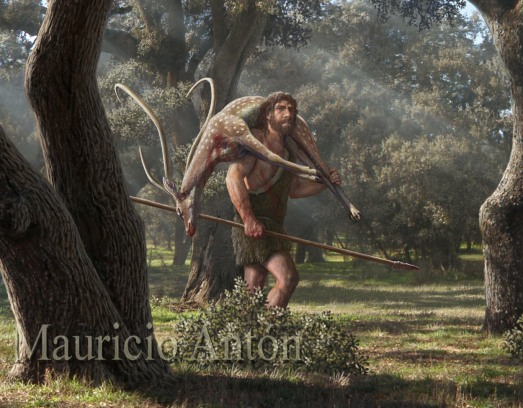 Un neandertal, con un ciervo 'H. mediterraneus' al hombro, en Getafe. |ILUSTRACIÓN CEDIDA POR MAURICIO ANTÓN.